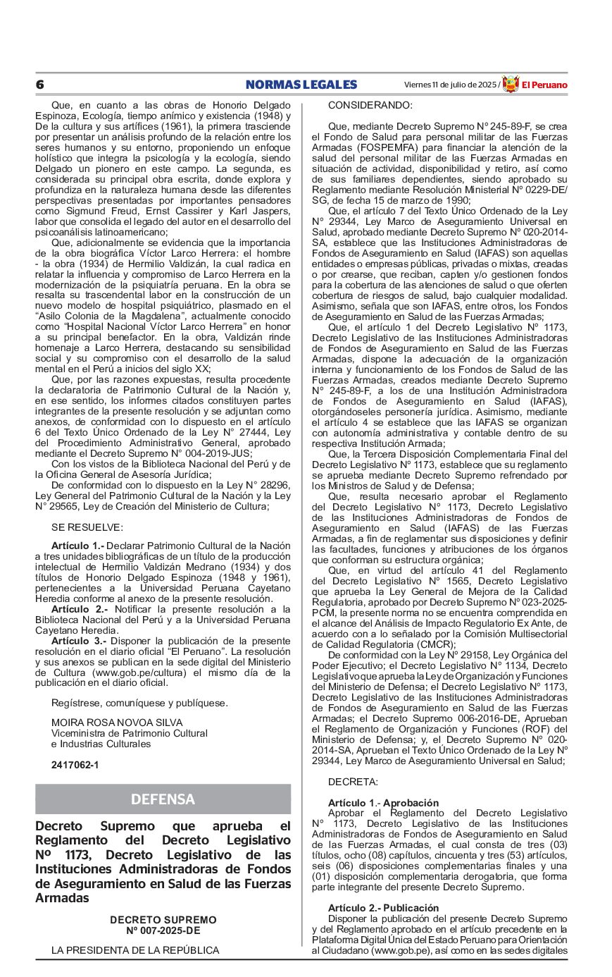 Decreto Supremo que aprueba el Reglamento del Decreto Legislativo Nº 1173, Decreto Legislativo de las Instituciones Administradoras de Fondos de Aseguramiento en Salud de las Fuerzas Armadas