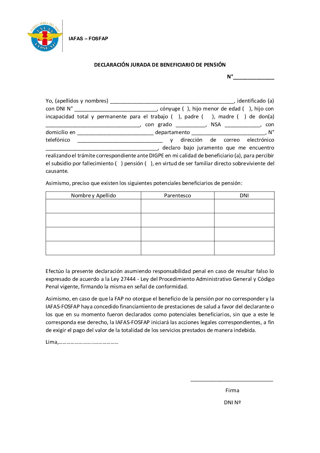 DECLARACIÓN JURADA DE BENEFICIARIOS DE PENSIÓN