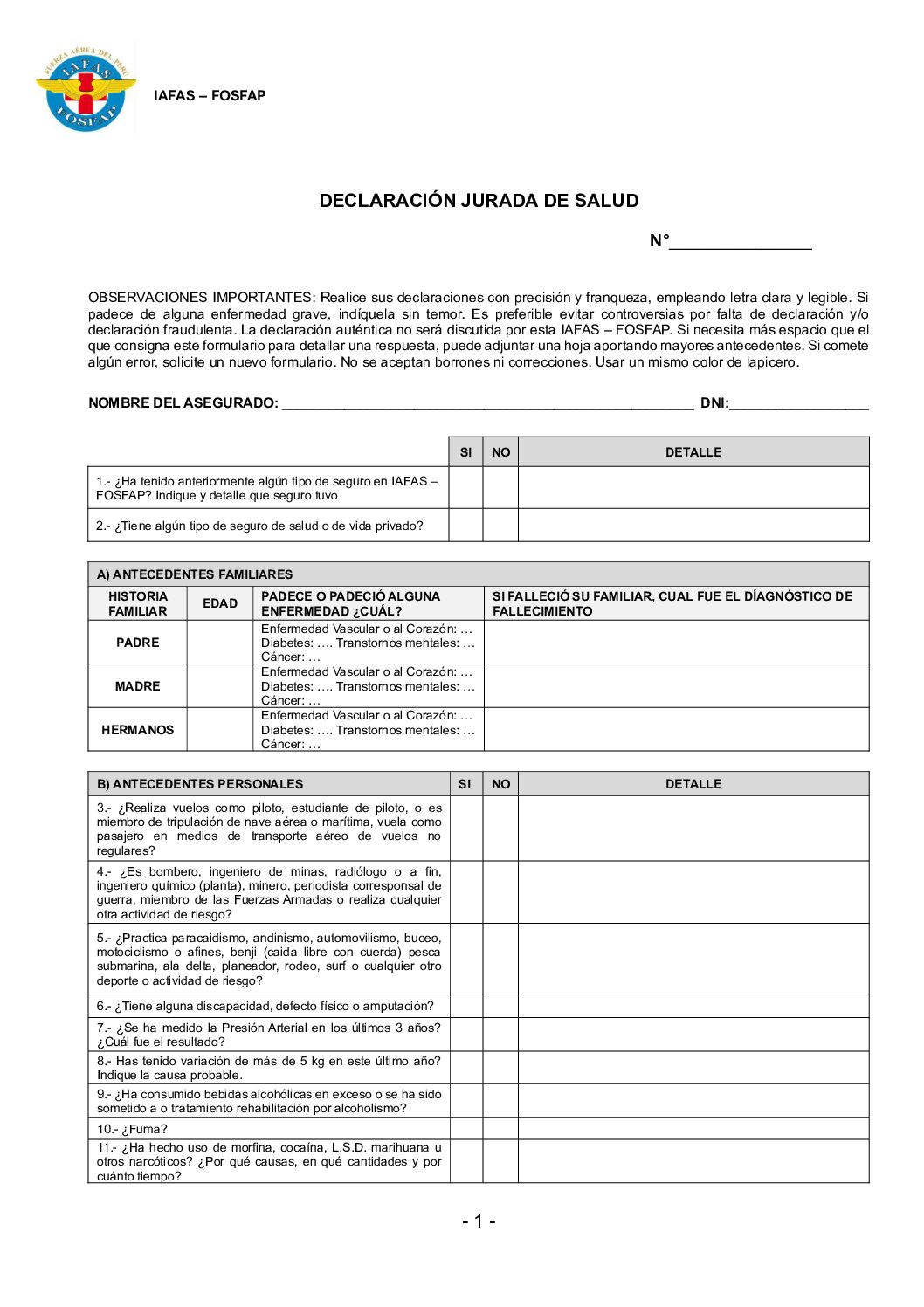 FORMATO DE DECLARACIÓN JURADA PLAN COMPLEMENTARIO DE SALUD VF